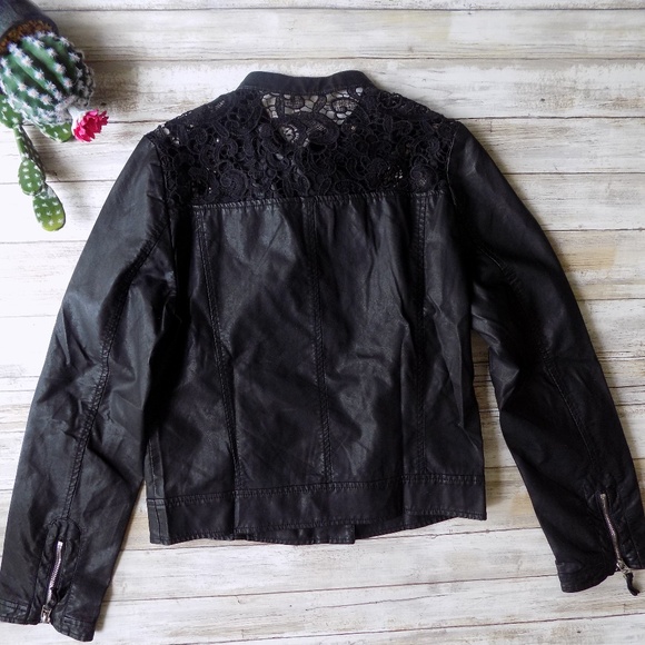 Large Vegan Leather Jacket Lace Crochet Moto Motorcycle Utility Anorak - Picture 4 of 4